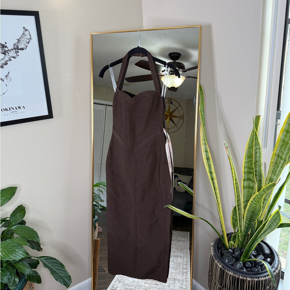 House of CB 'The Supermodel' chocolate halter midi bandage dress NWT - Picture 4 of 9